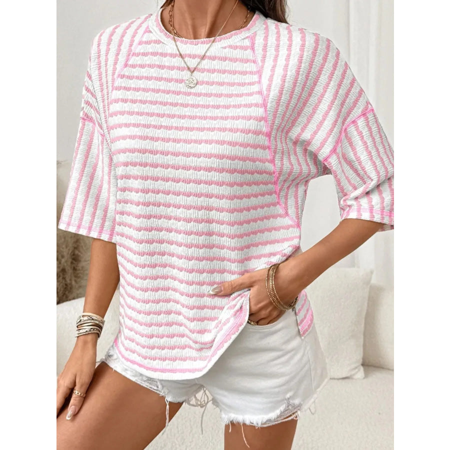 Casual Striped Raglan Sleeve Textured T-Shirt Pink / S Apparel and Accessories