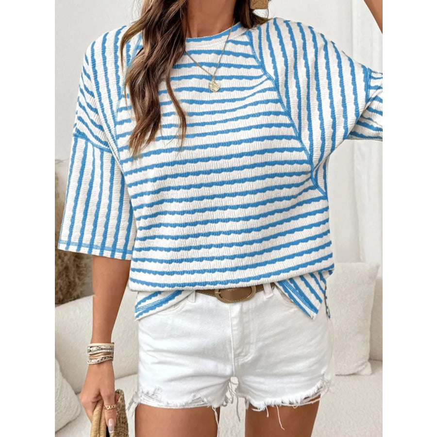 Casual Striped Raglan Sleeve Textured T-Shirt Sky Blue / S Apparel and Accessories
