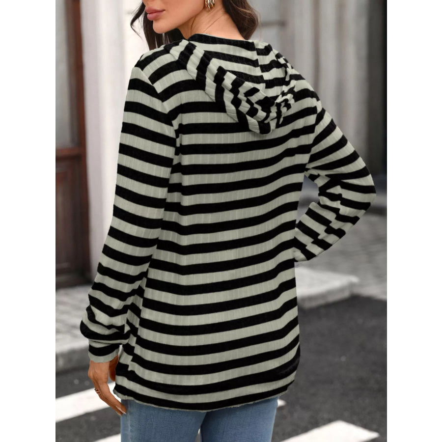 Casual Striped Ribbed Knit Hoodie with Kangaroo Pocket Apparel and Accessories