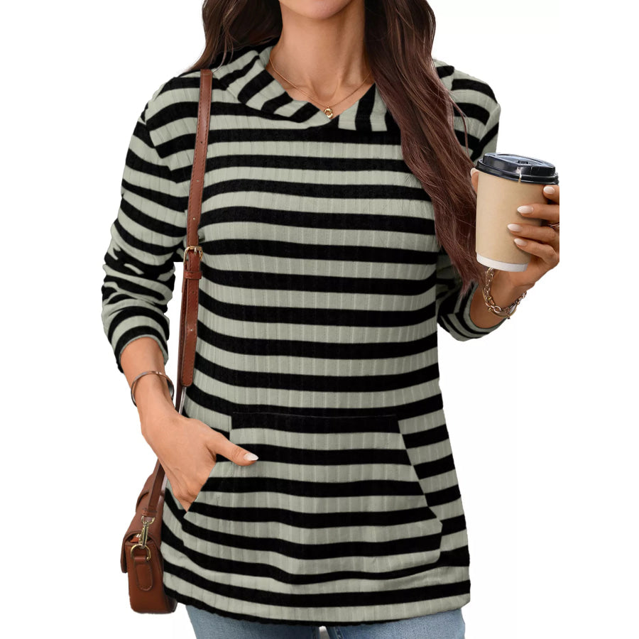 Casual Striped Ribbed Knit Hoodie with Kangaroo Pocket Apparel and Accessories