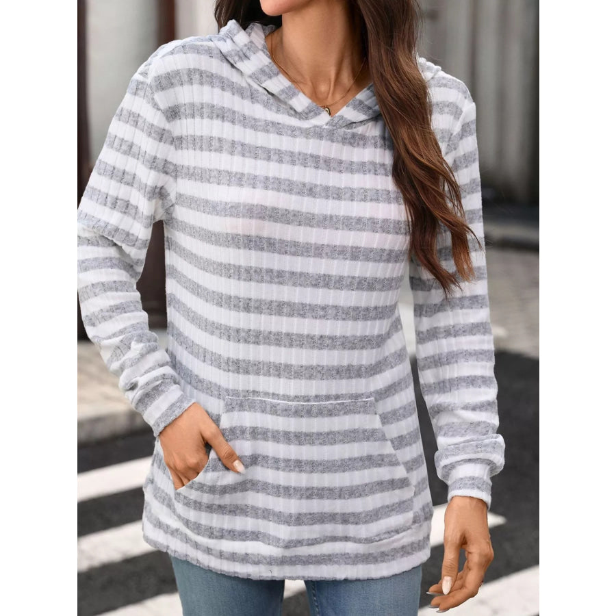 Casual Striped Ribbed Knit Hoodie with Kangaroo Pocket Apparel and Accessories