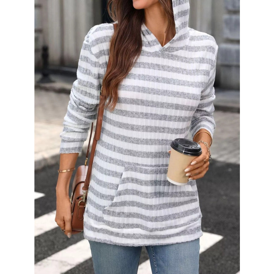 Casual Striped Ribbed Knit Hoodie with Kangaroo Pocket Apparel and Accessories