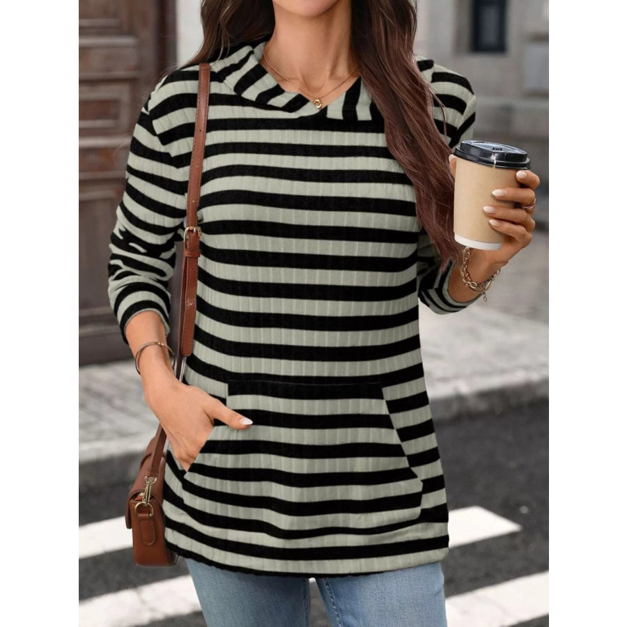 Casual Striped Ribbed Knit Hoodie with Kangaroo Pocket Apparel and Accessories