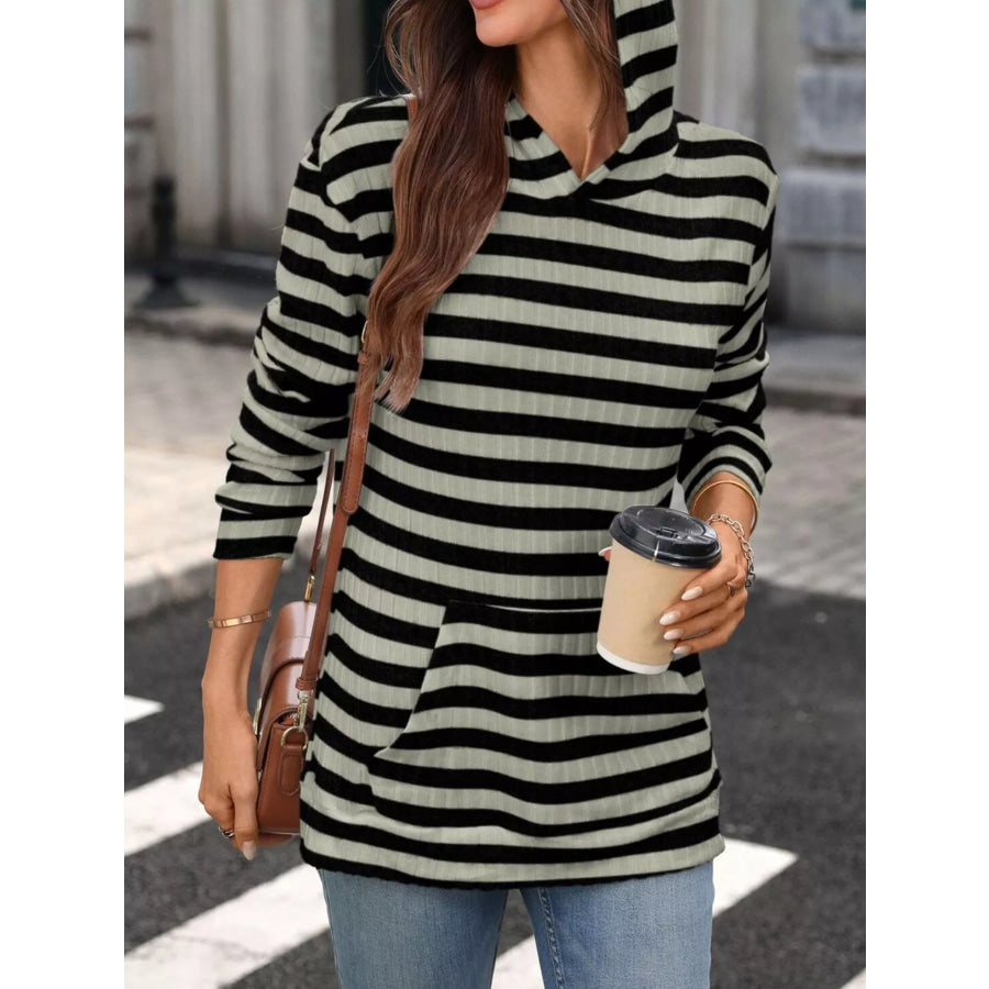 Casual Striped Ribbed Knit Hoodie with Kangaroo Pocket Apparel and Accessories