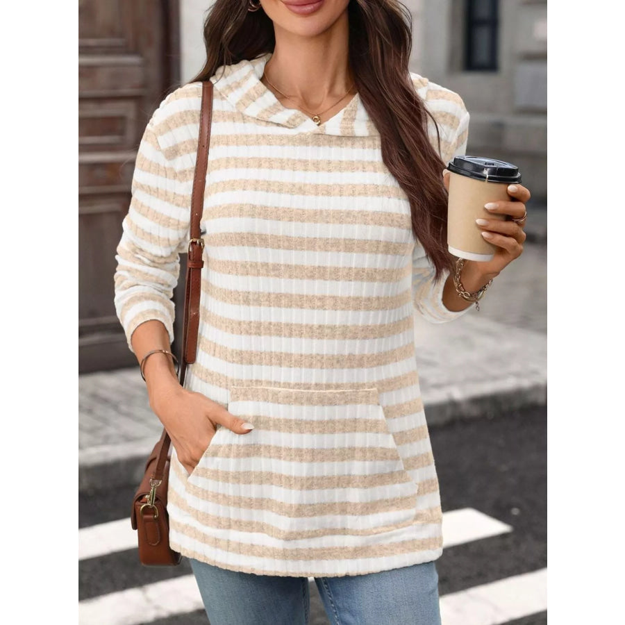 Casual Striped Ribbed Knit Hoodie with Kangaroo Pocket Apricot White Stripes / S Apparel and Accessories