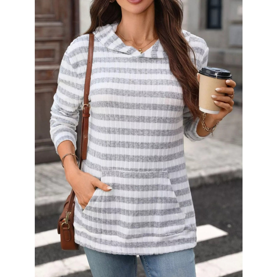 Casual Striped Ribbed Knit Hoodie with Kangaroo Pocket Gray And White Stripes / S Apparel Accessories