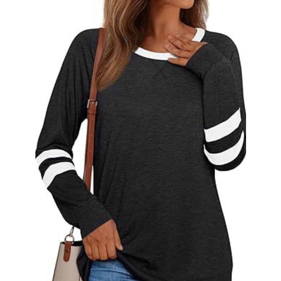 Casual Striped Round Neck T-Shirt Black / S Apparel and Accessories