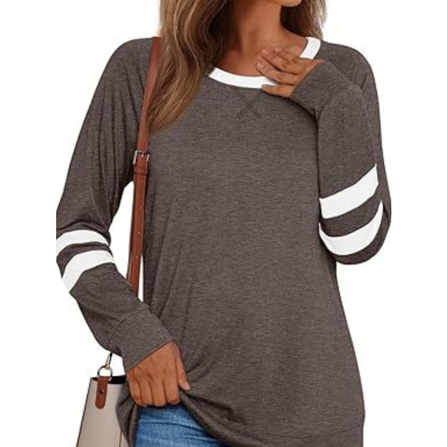 Casual Striped Round Neck T-Shirt Coffee Brown / S Apparel and Accessories