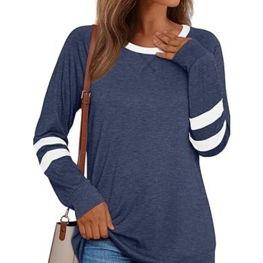 Casual Striped Round Neck T-Shirt Dark Blue / S Apparel and Accessories