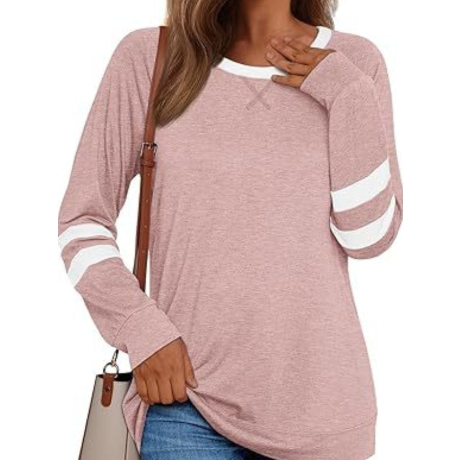 Casual Striped Round Neck T-Shirt Dusty Pink / S Apparel and Accessories