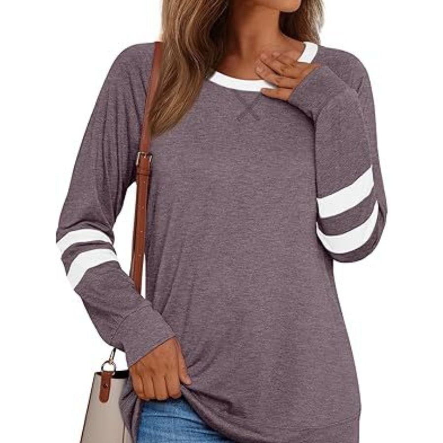 Casual Striped Round Neck T-Shirt Mauve / S Apparel and Accessories
