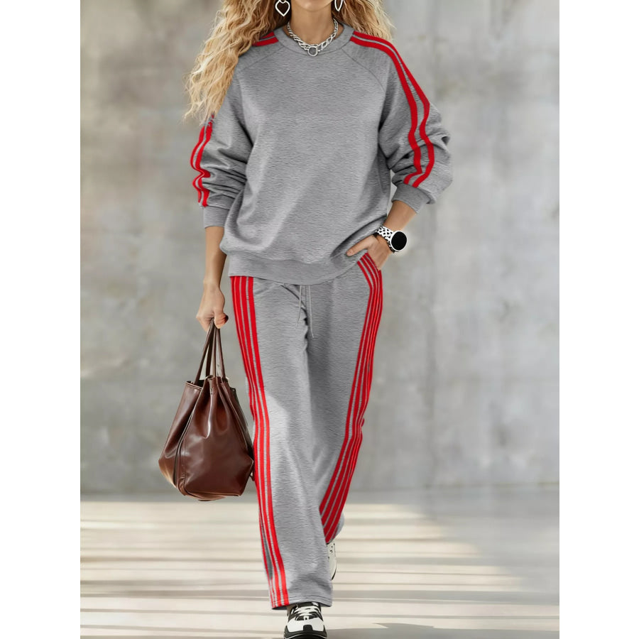 Casual Striped Sweatshirt and Pants Set Gray / S Apparel and Accessories