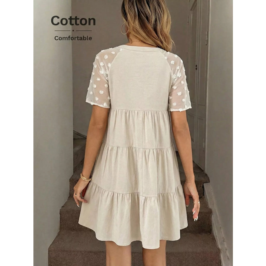 Casual Tiered Mini Dress with Swiss Dot Sleeves Apparel and Accessories