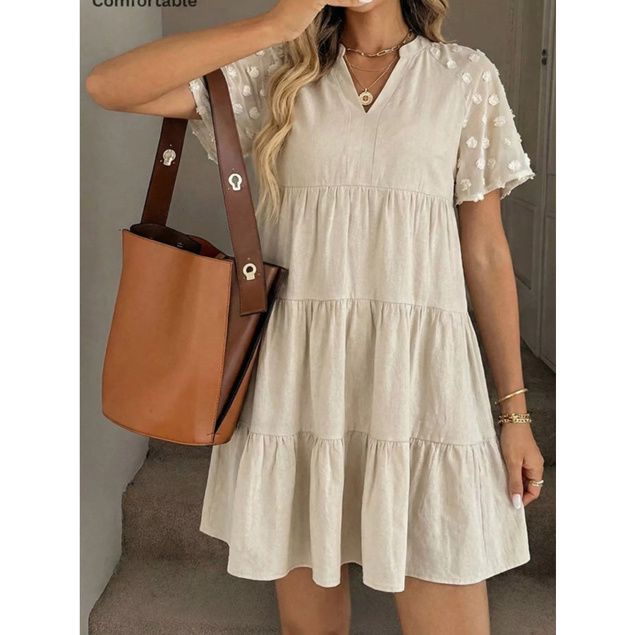 Casual Tiered Mini Dress with Swiss Dot Sleeves Apparel and Accessories