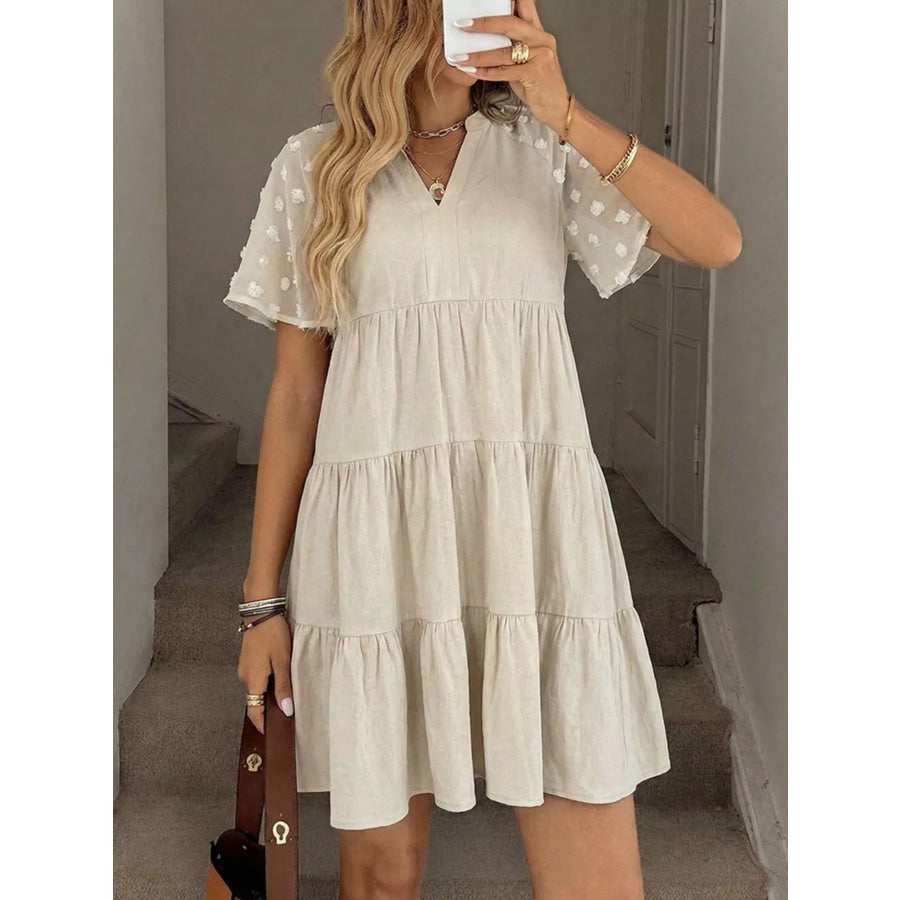Casual Tiered Mini Dress with Swiss Dot Sleeves Apricot / S Apparel and Accessories