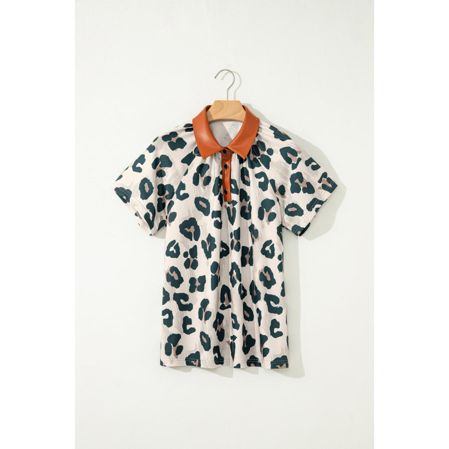 Casual Unique Leopard Print Button Contrast Collared Short Sleeve Blouse Brown / S / 95% Polyester + 5% Elastane Tops/Blouses & Shirts