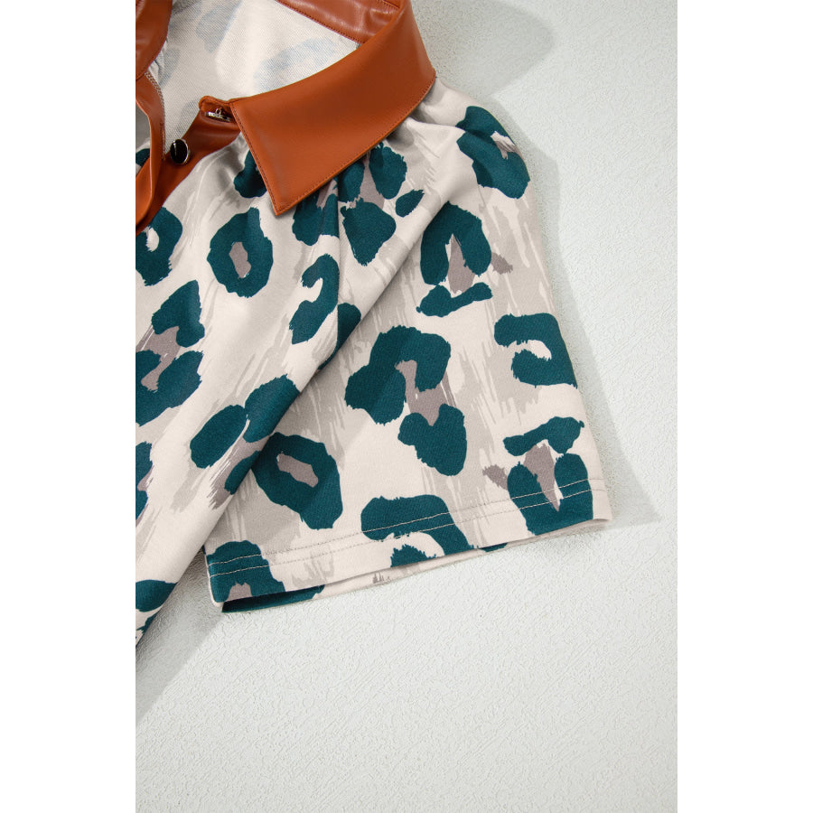 Casual Unique Leopard Print Button Contrast Collared Short Sleeve Blouse Tops/Blouses & Shirts
