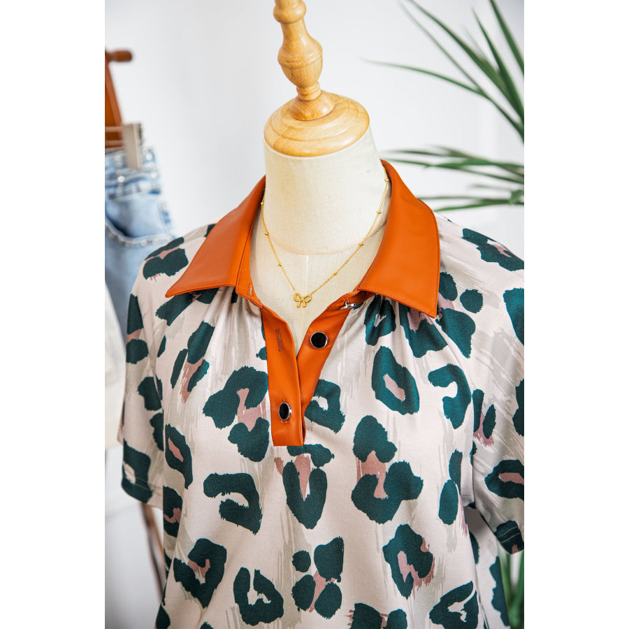 Casual Unique Leopard Print Button Contrast Collared Short Sleeve Blouse Tops/Blouses & Shirts