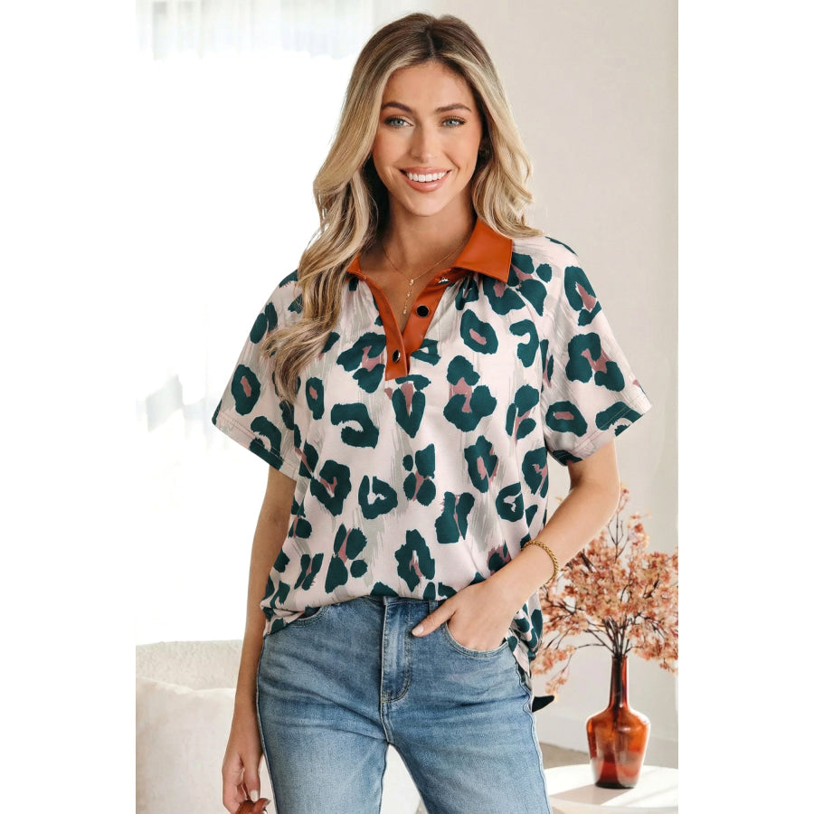 Casual Unique Leopard Print Button Contrast Collared Short Sleeve Blouse Tops/Blouses & Shirts