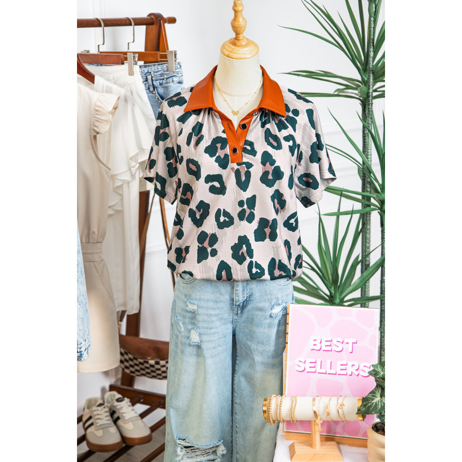 Casual Unique Leopard Print Button Contrast Collared Short Sleeve Blouse Tops/Blouses & Shirts