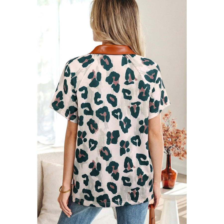 Casual Unique Leopard Print Button Contrast Collared Short Sleeve Blouse Tops/Blouses & Shirts