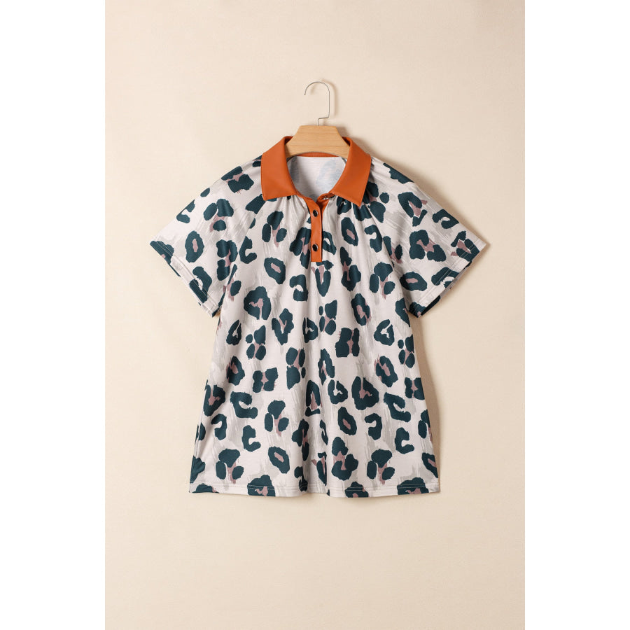 Casual Unique Leopard Print Button Contrast Collared Short Sleeve Blouse Tops/Blouses & Shirts