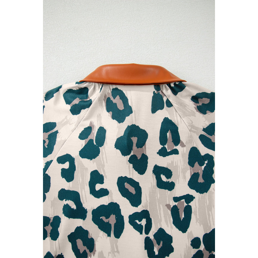 Casual Unique Leopard Print Button Contrast Collared Short Sleeve Blouse Tops/Blouses & Shirts