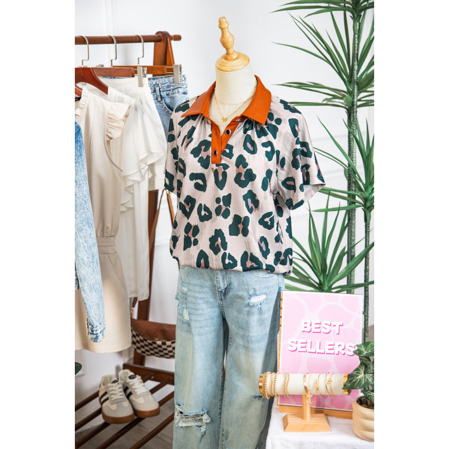 Casual Unique Leopard Print Button Contrast Collared Short Sleeve Blouse Tops/Blouses & Shirts