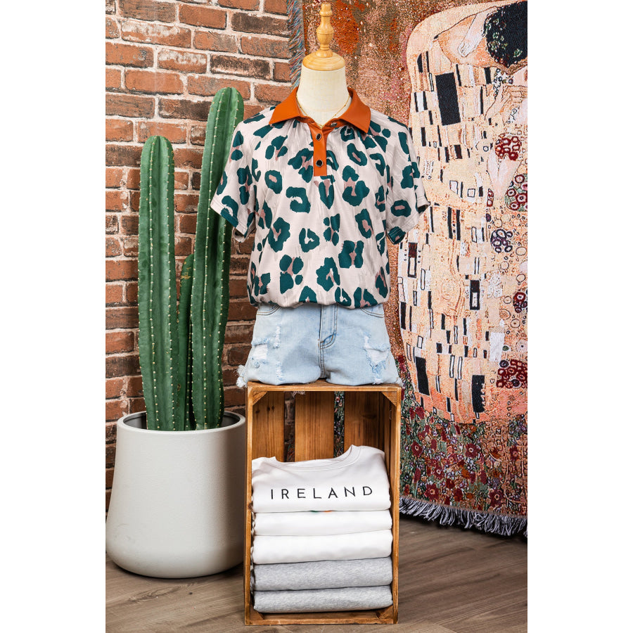 Casual Unique Leopard Print Button Contrast Collared Short Sleeve Blouse Tops/Blouses & Shirts