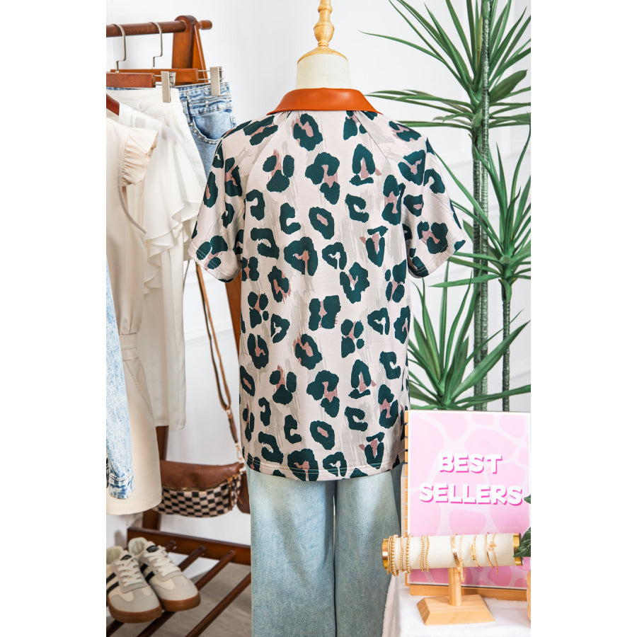 Casual Unique Leopard Print Button Contrast Collared Short Sleeve Blouse Tops/Blouses & Shirts