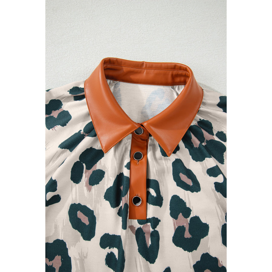 Casual Unique Leopard Print Button Contrast Collared Short Sleeve Blouse Tops/Blouses & Shirts