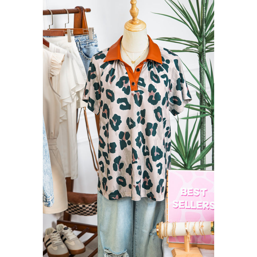 Casual Unique Leopard Print Button Contrast Collared Short Sleeve Blouse Tops/Blouses & Shirts