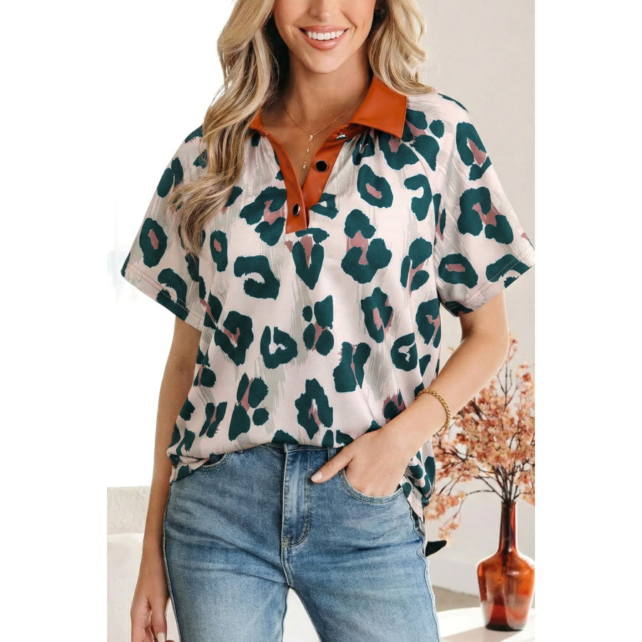Casual Unique Leopard Print Button Contrast Collared Short Sleeve Blouse Tops/Blouses & Shirts
