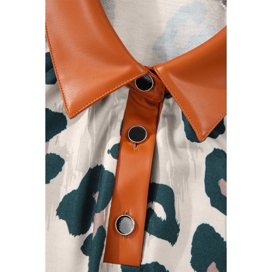 Casual Unique Leopard Print Button Contrast Collared Short Sleeve Blouse Tops/Blouses & Shirts