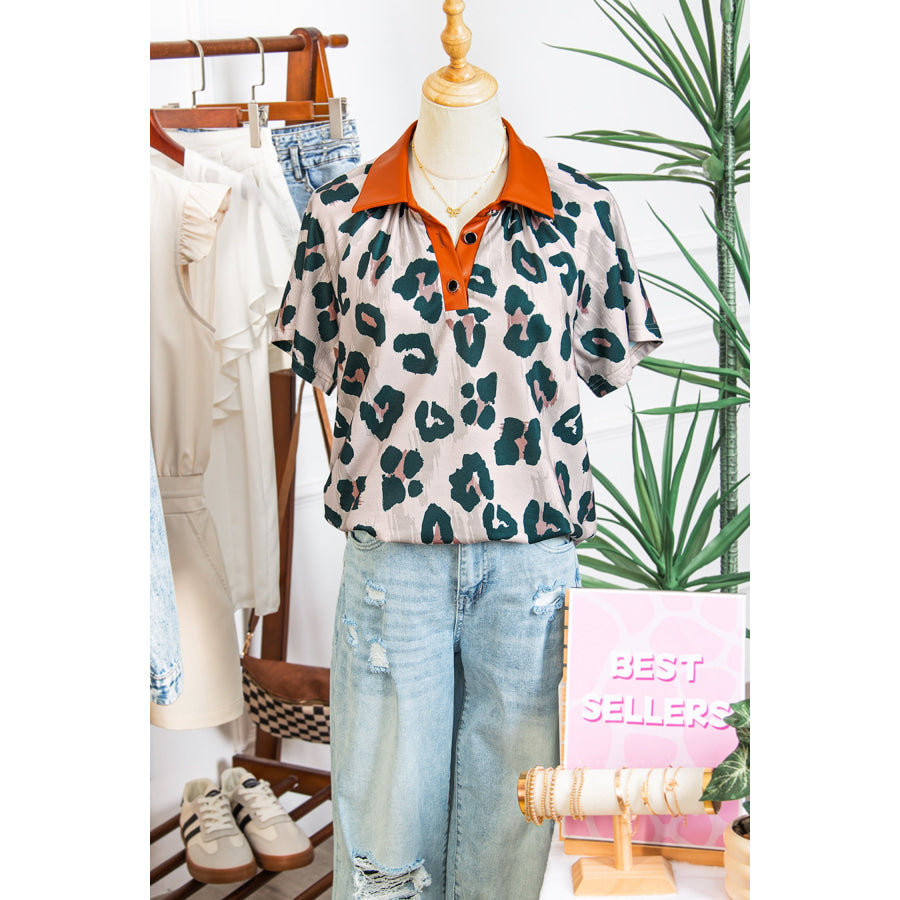 Casual Unique Leopard Print Button Contrast Collared Short Sleeve Blouse Tops/Blouses & Shirts
