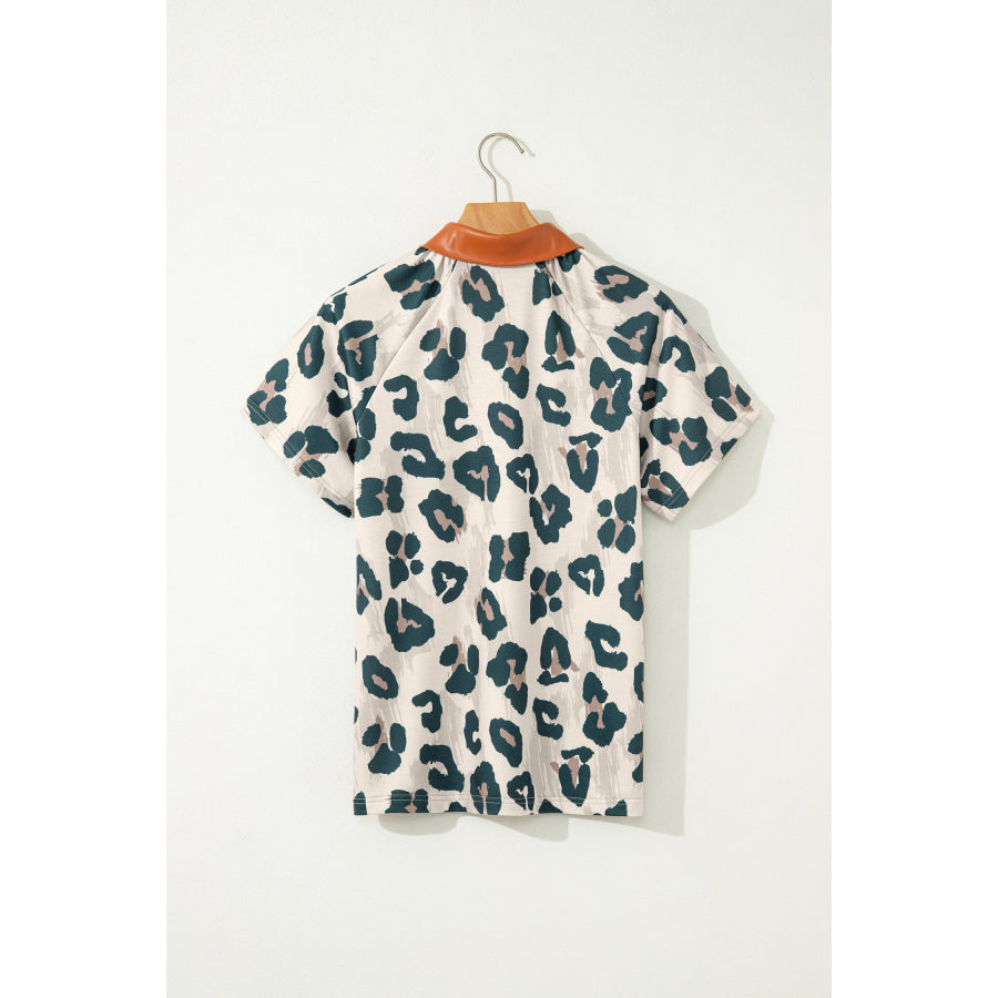 Casual Unique Leopard Print Button Contrast Collared Short Sleeve Blouse Brown / S / 95% Polyester + 5% Elastane Tops/Blouses & Shirts