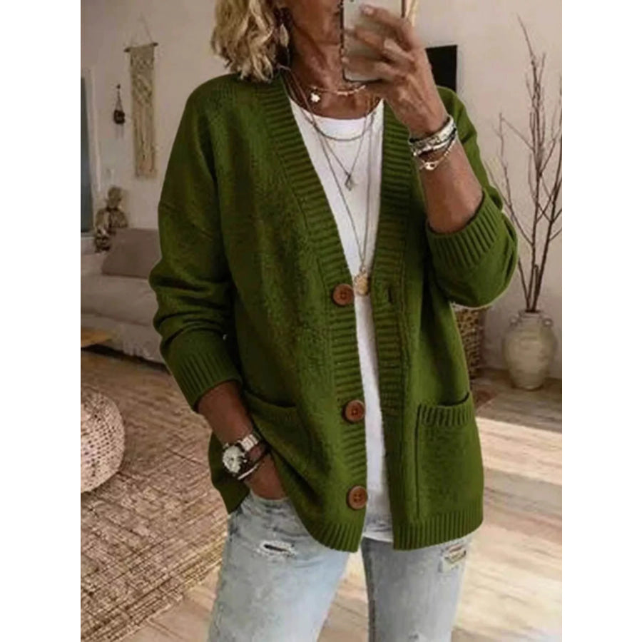 Casual V-Neck Button-Down Knit Cardigan with Pockets Army Green / S