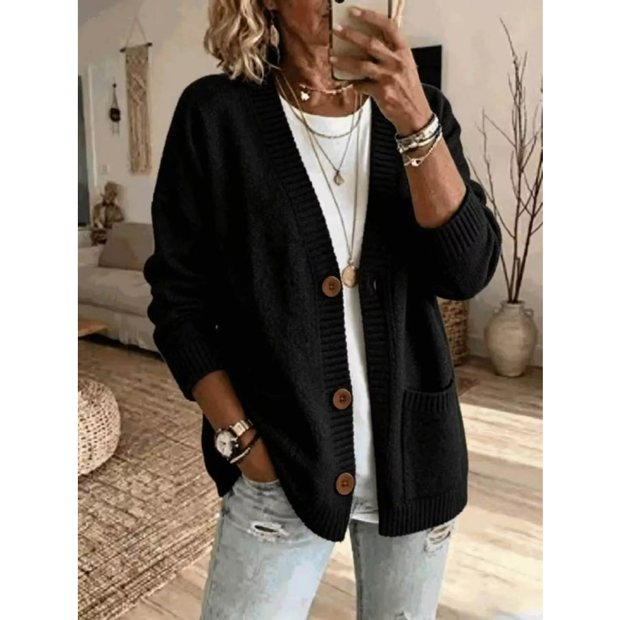 Casual V-Neck Button-Down Knit Cardigan with Pockets Black / S