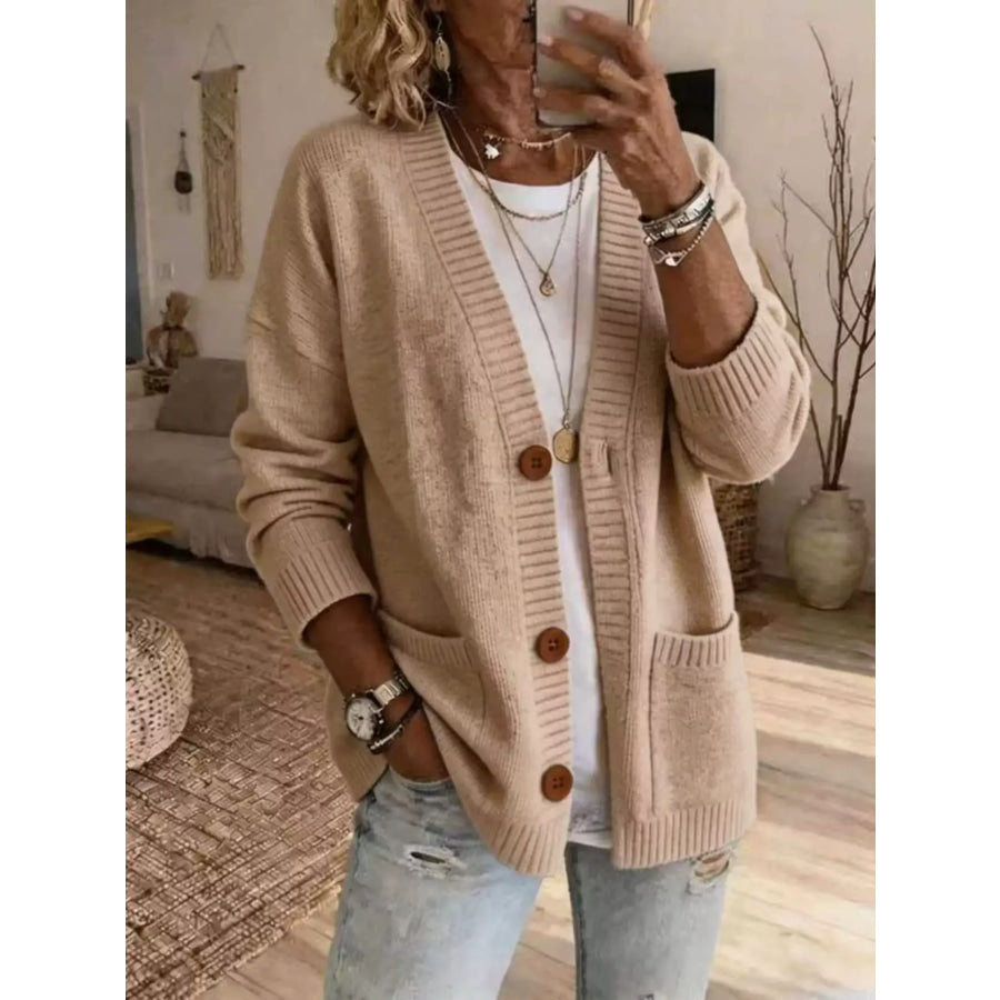 Casual V-Neck Button-Down Knit Cardigan with Pockets Khaki / S