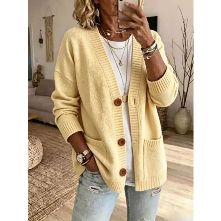 Casual V-Neck Button-Down Knit Cardigan with Pockets Lemon Yellow / S