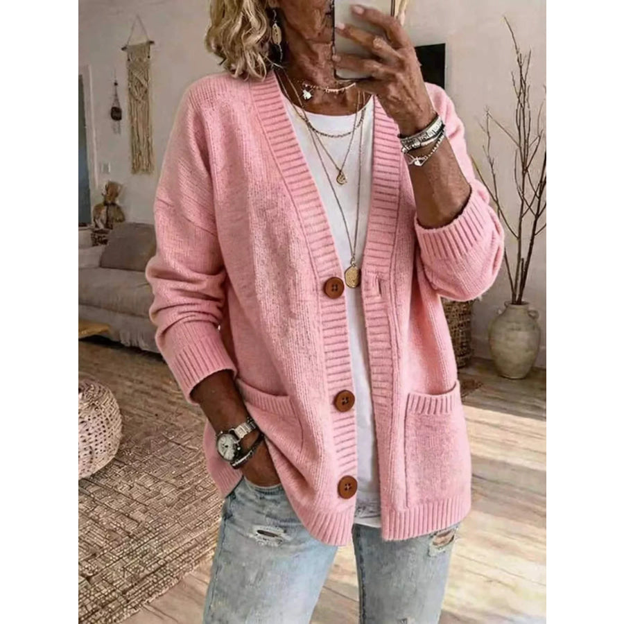 Casual V-Neck Button-Down Knit Cardigan with Pockets Pink / S