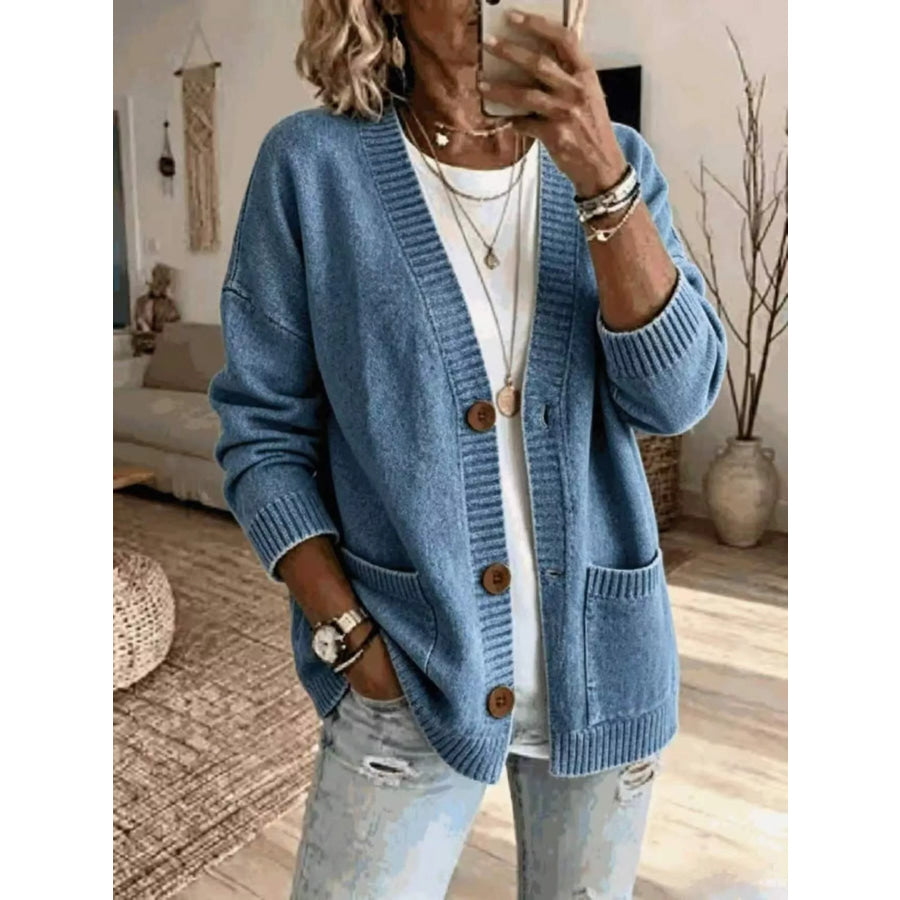 Casual V-Neck Button-Down Knit Cardigan with Pockets Sky Blue / S