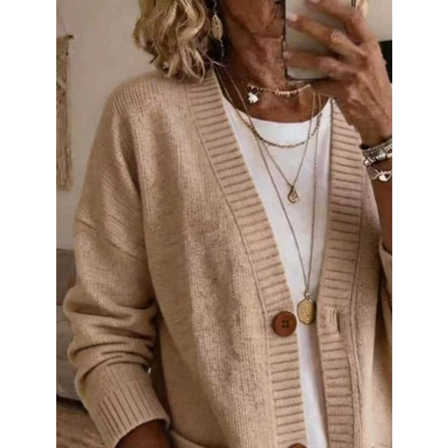 Casual V-Neck Button-Down Knit Cardigan with Pockets