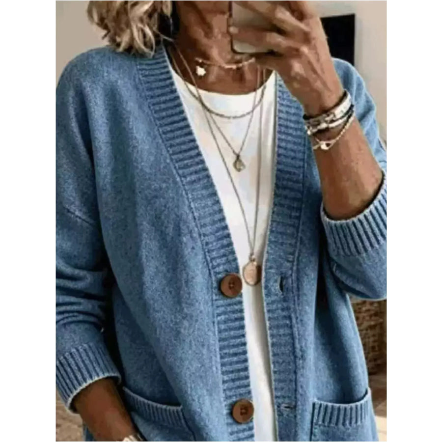 Casual V-Neck Button-Down Knit Cardigan with Pockets