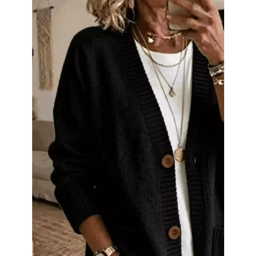 Casual V-Neck Button-Down Knit Cardigan with Pockets
