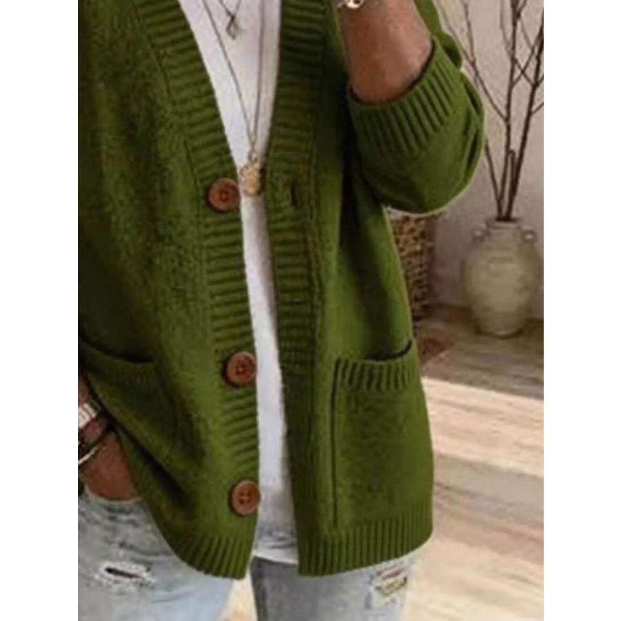 Casual V-Neck Button-Down Knit Cardigan with Pockets