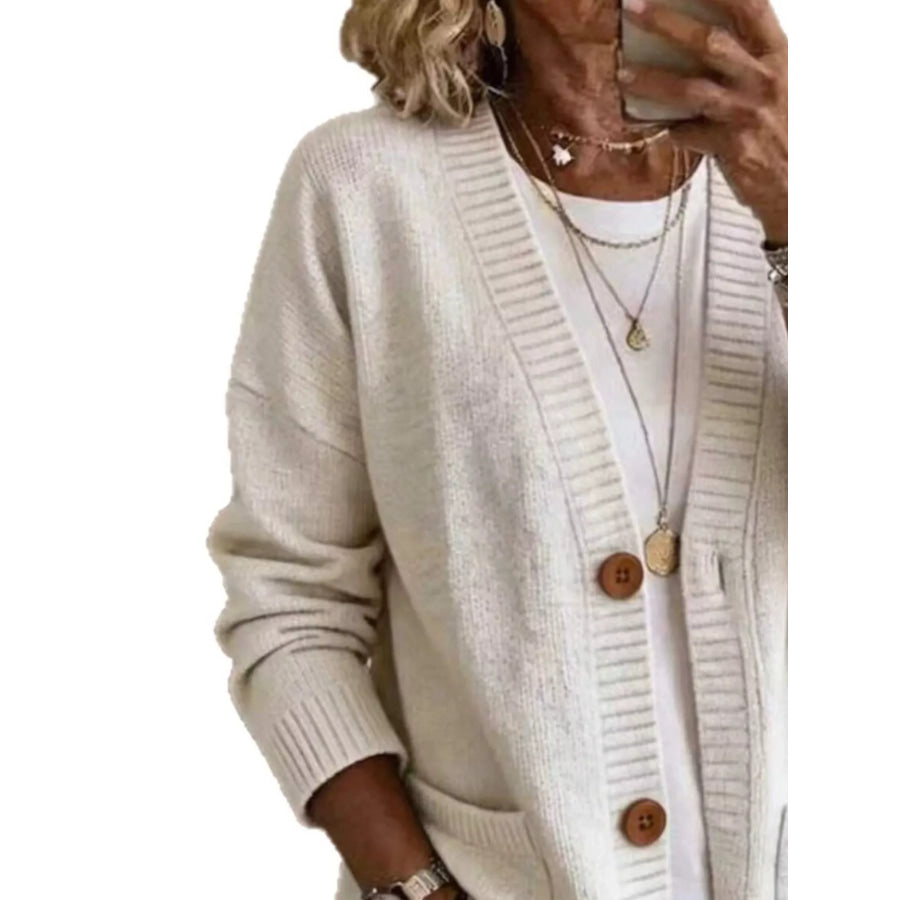 Casual V-Neck Button-Down Knit Cardigan with Pockets