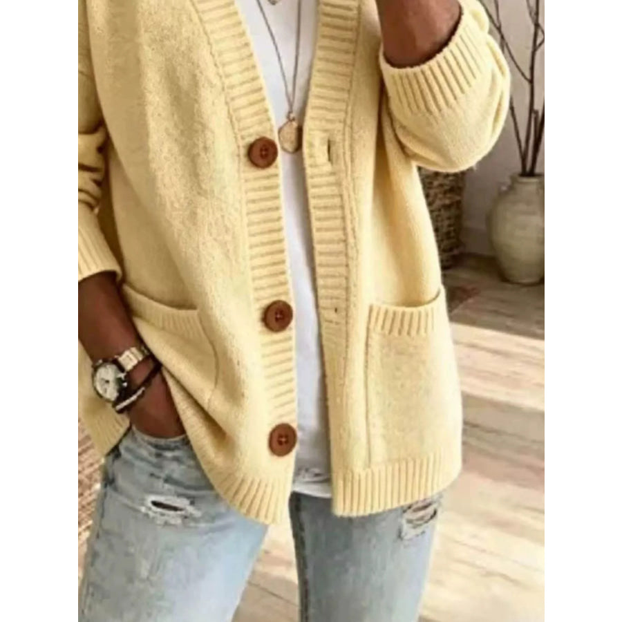 Casual V-Neck Button-Down Knit Cardigan with Pockets