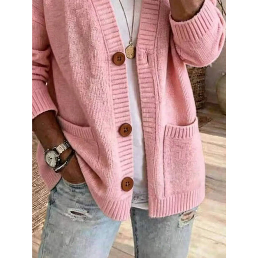 Casual V-Neck Button-Down Knit Cardigan with Pockets