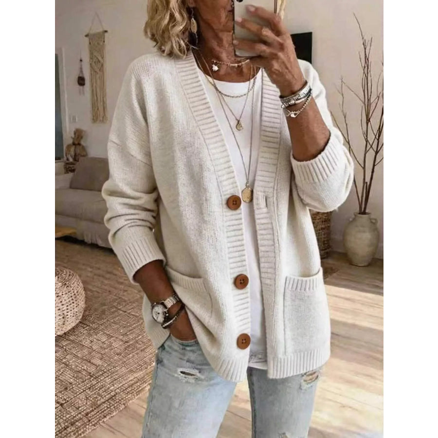 Casual V-Neck Button-Down Knit Cardigan with Pockets White / S